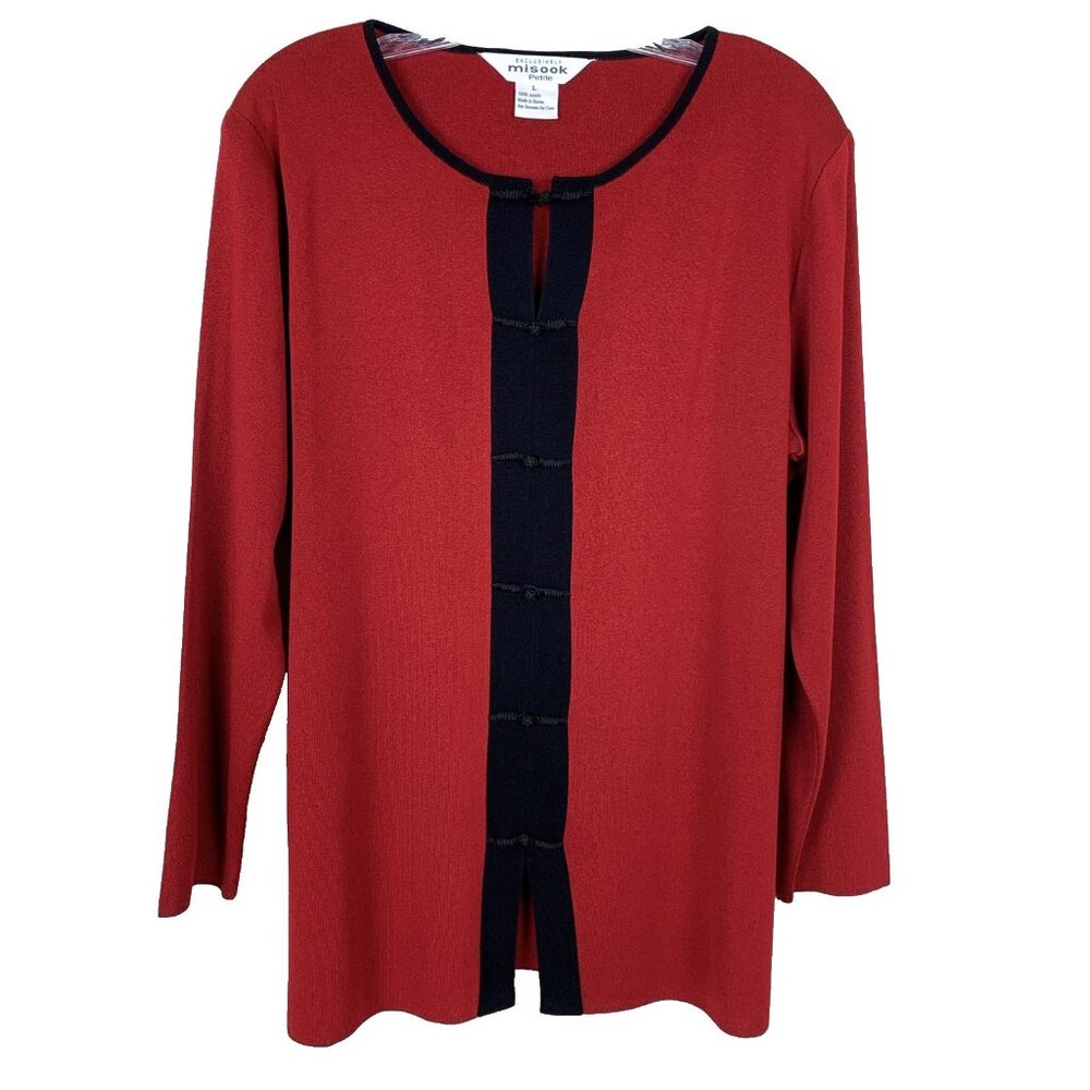 Exclusively Misook Womens L Petite Cardigan Sweater Red Asian Inspired Mature